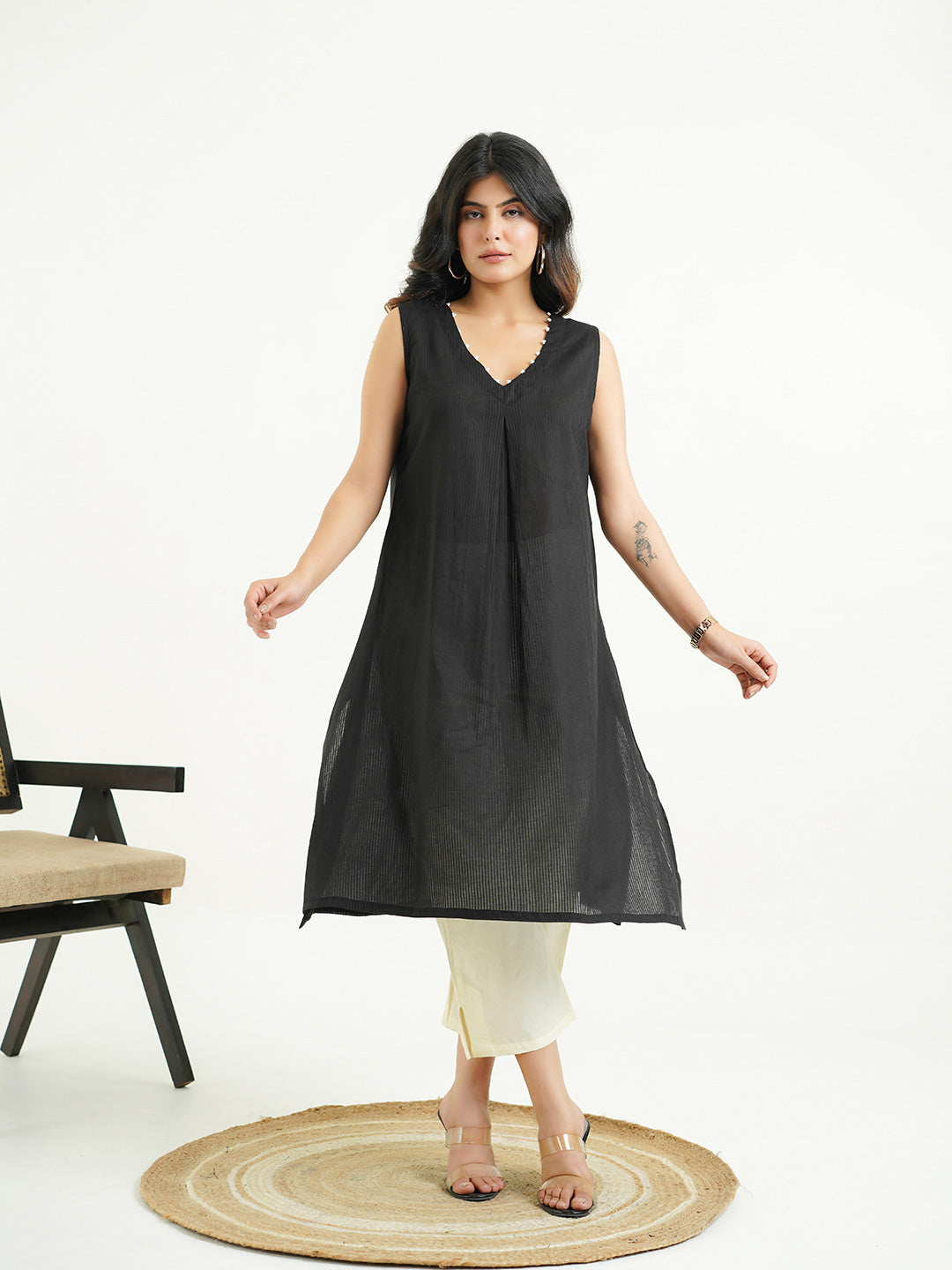 Cotton Pleated Sleeveless Kurta Black