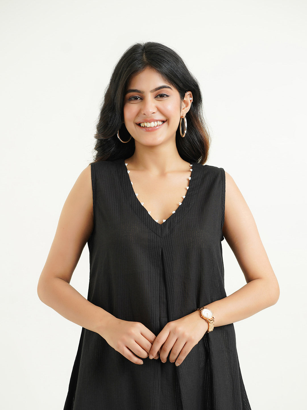 Cotton Pleated Sleeveless Kurta Black