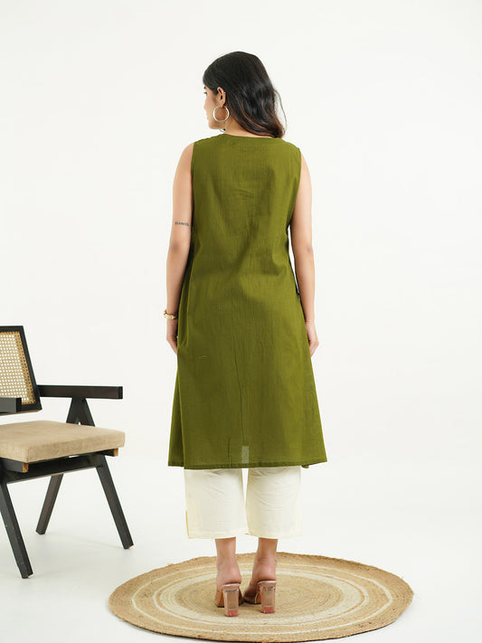Cotton Pleated Sleeveless Kurta Green