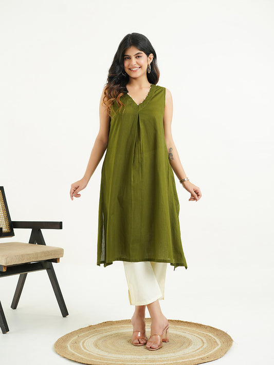 Cotton Pleated Sleeveless Kurta Green