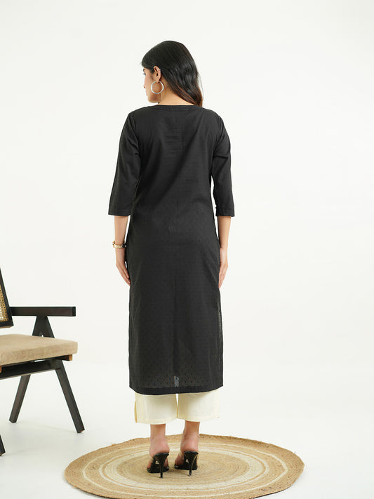 Solid Cotton Everyday Pintucks Kurta Black