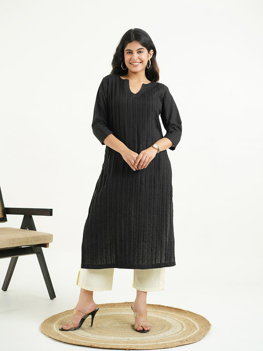 Solid Cotton Everyday Pintucks Kurta Black