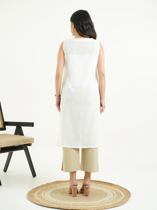 Cotton Pleated Sleeveless Kurta White