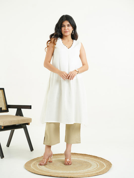 Cotton Pleated Sleeveless Kurta White