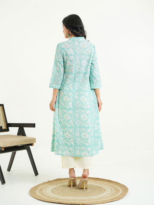 Block-Printed Cotton Mughal A-Line Kurta Green