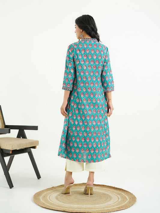Block-Printed Cotton Mughal A-Line Kurta Turquoise