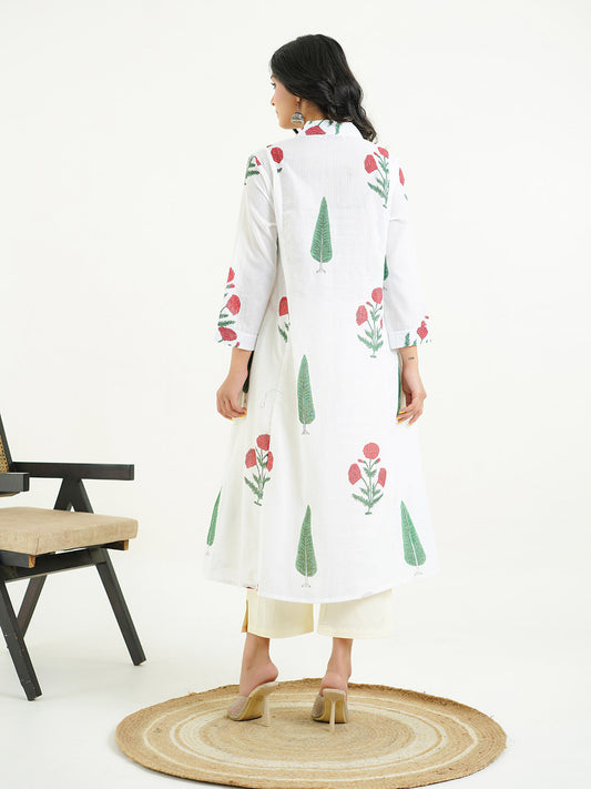 Block-Printed Cotton Mughal A-Line Kurta White-Red