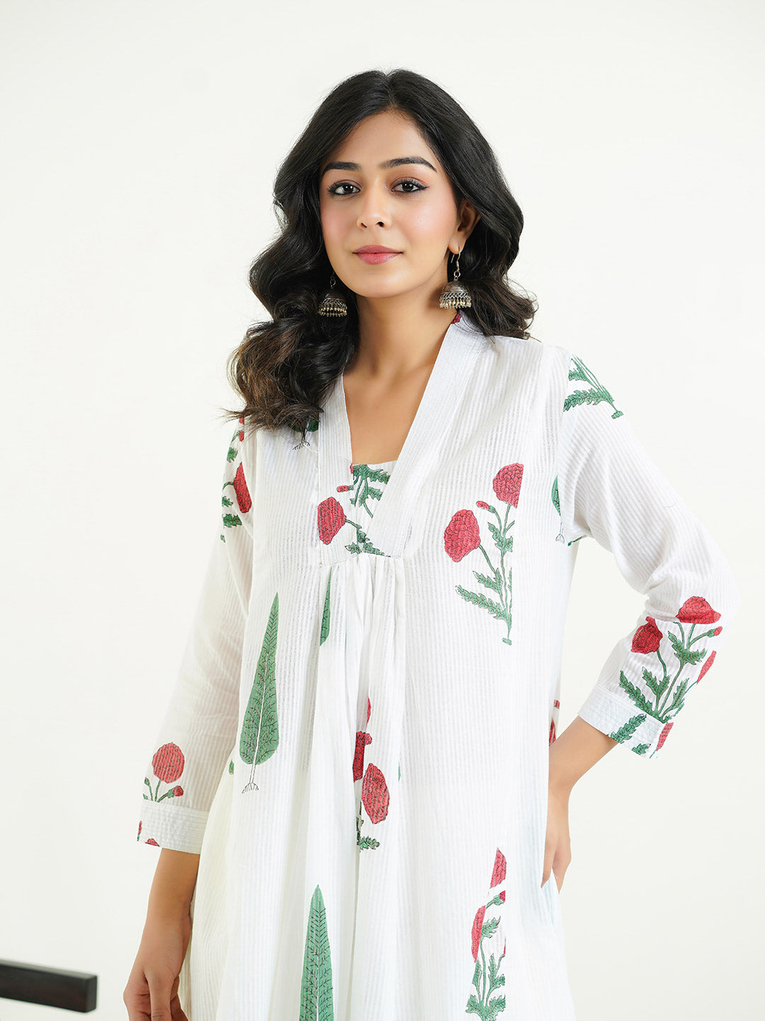 Block-Printed Cotton Mughal A-Line Kurta White-Red