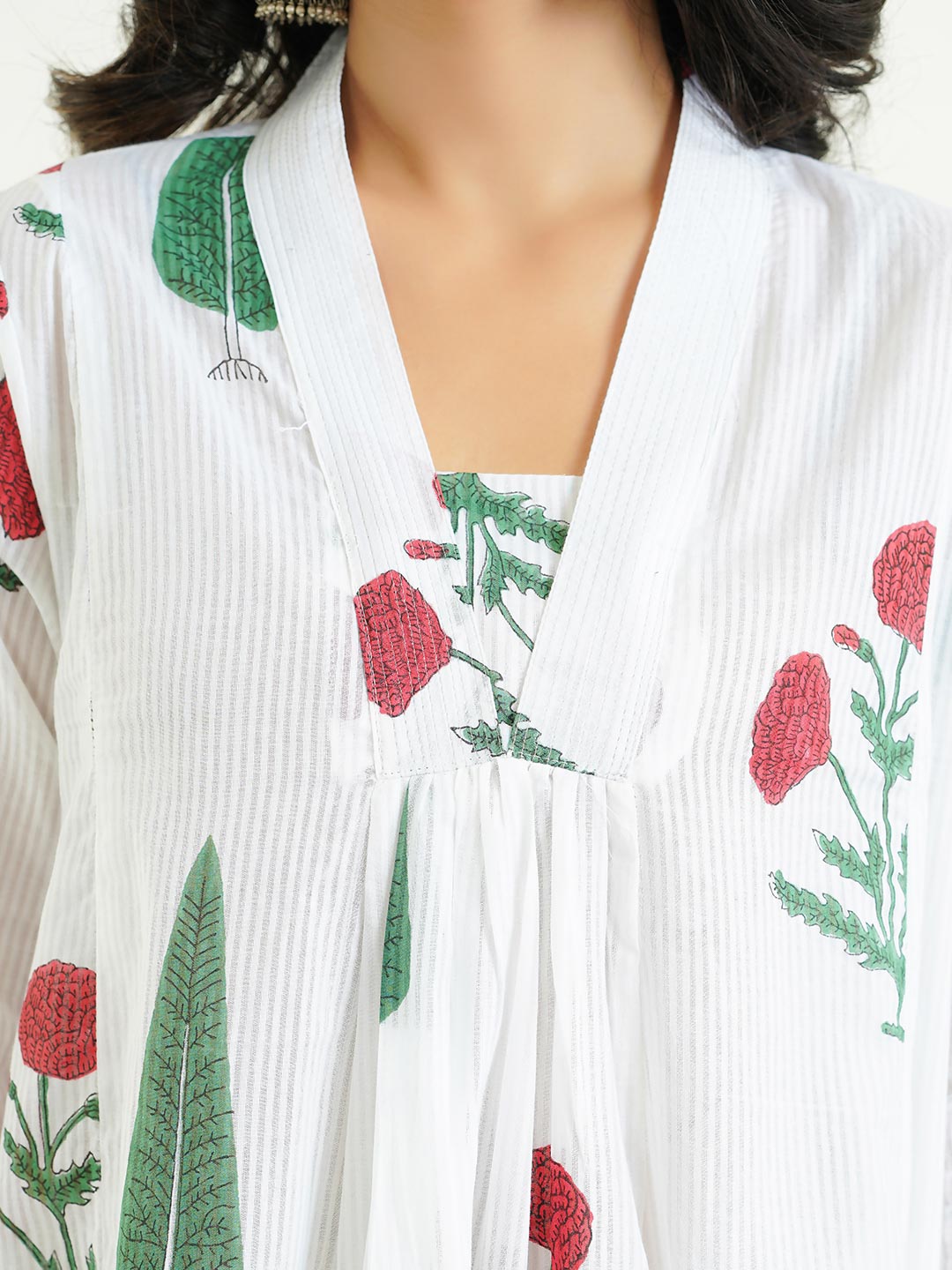 Block-Printed Cotton Mughal A-Line Kurta White-Red