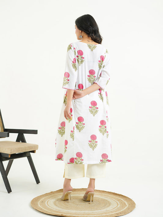 Cotton printed A-line Phiran kurta Red-White