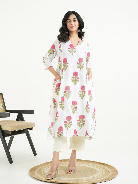 Cotton printed A-line Phiran kurta Red-White