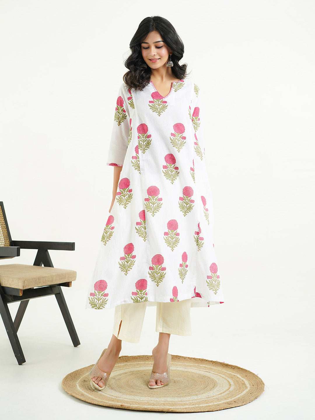 Cotton printed A-line Phiran kurta Red-White