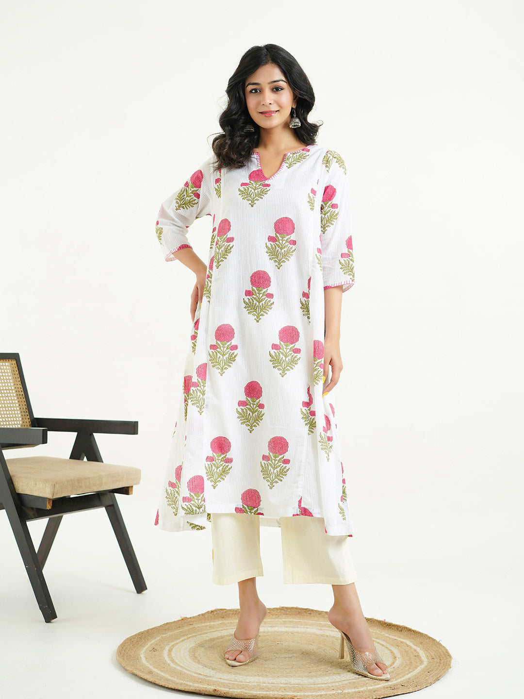 Cotton printed A-line Phiran kurta Red-White
