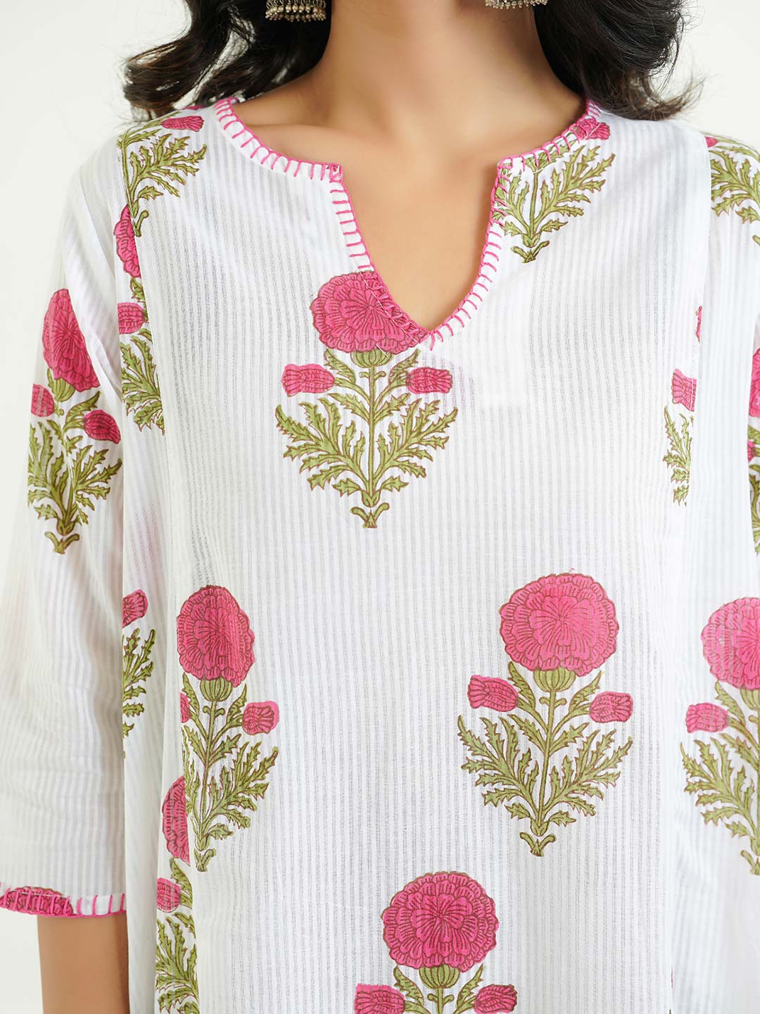 Cotton printed A-line Phiran kurta Red-White