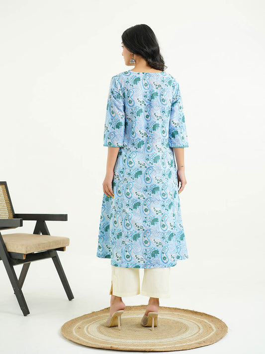 Cotton printed A-line Phiran kurta Sky Blue