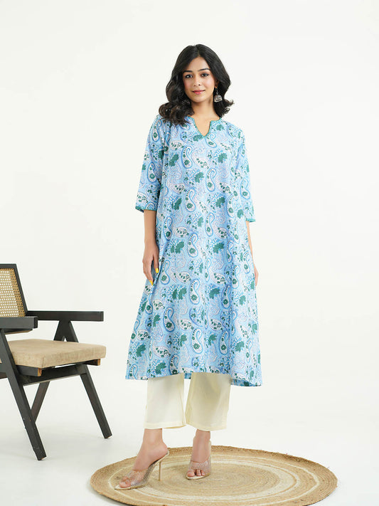 Cotton printed A-line Phiran kurta Sky Blue