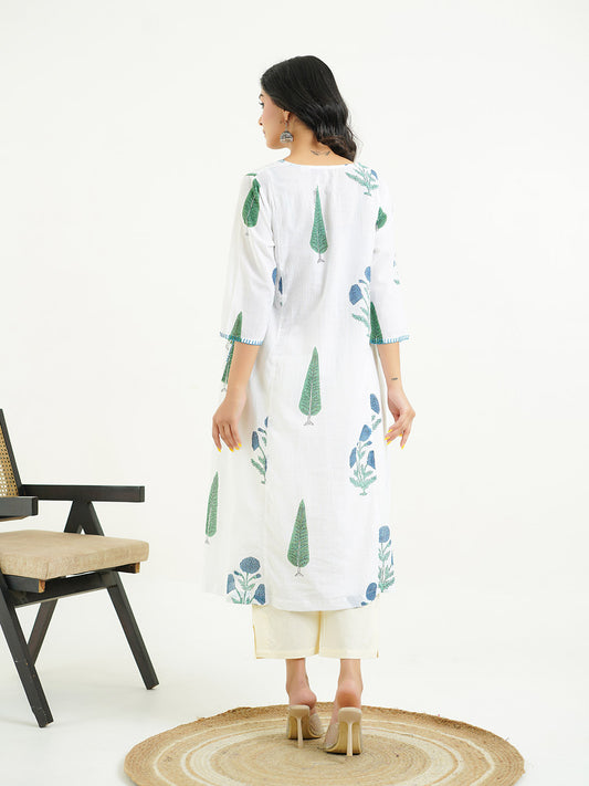 Cotton printed A-line Phiran kurta Blue-White