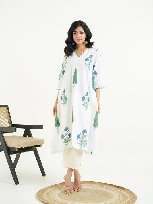 Cotton printed A-line Phiran kurta Blue-White