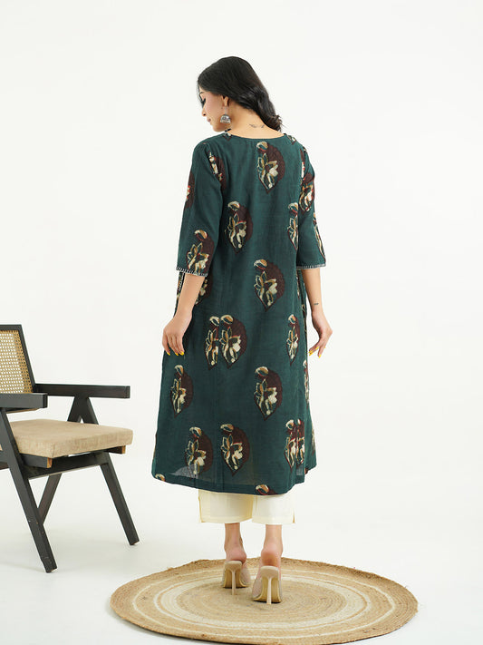 Cotton printed A-line Phiran kurta Indigo