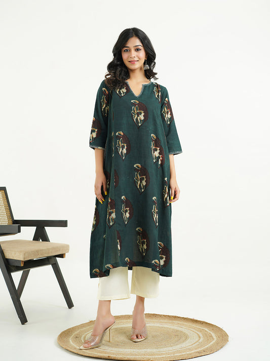 Cotton printed A-line Phiran kurta Indigo