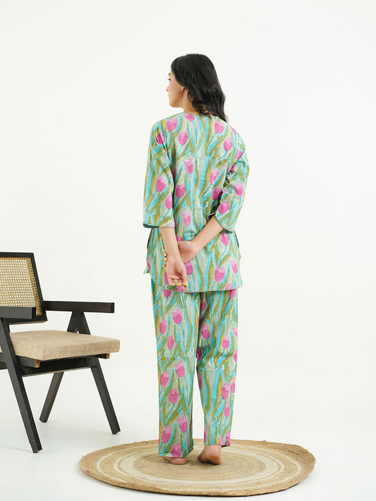 Cotton Printed Lounge Wear Coord Set Green-Flower