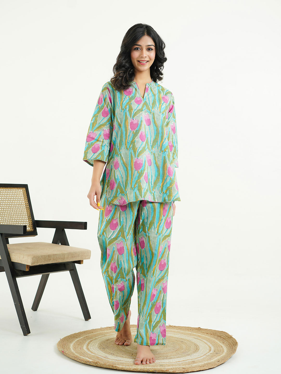Cotton Printed Lounge Wear Coord Set Green-Flower