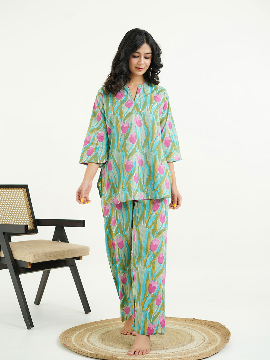Cotton Printed Lounge Wear Coord Set Green-Flower