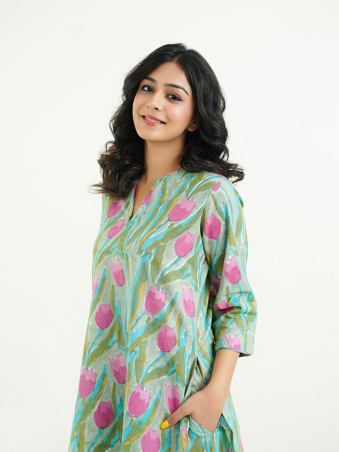 Cotton Printed Lounge Wear Coord Set Green-Flower