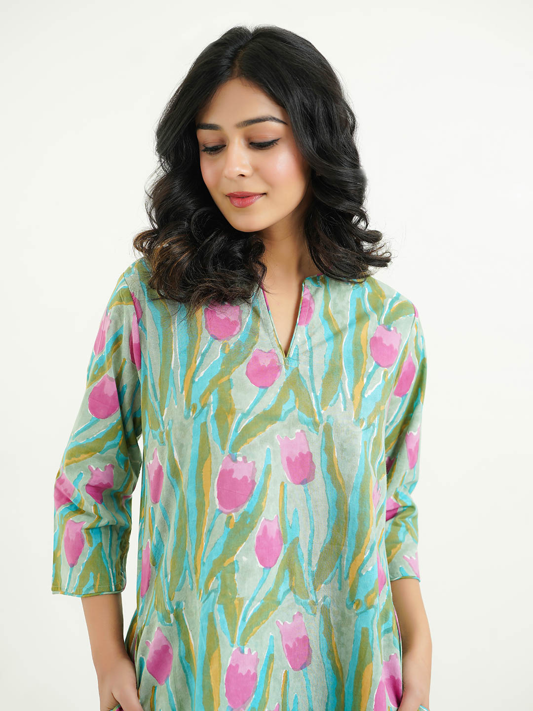 Cotton Printed Lounge Wear Coord Set Green-Flower
