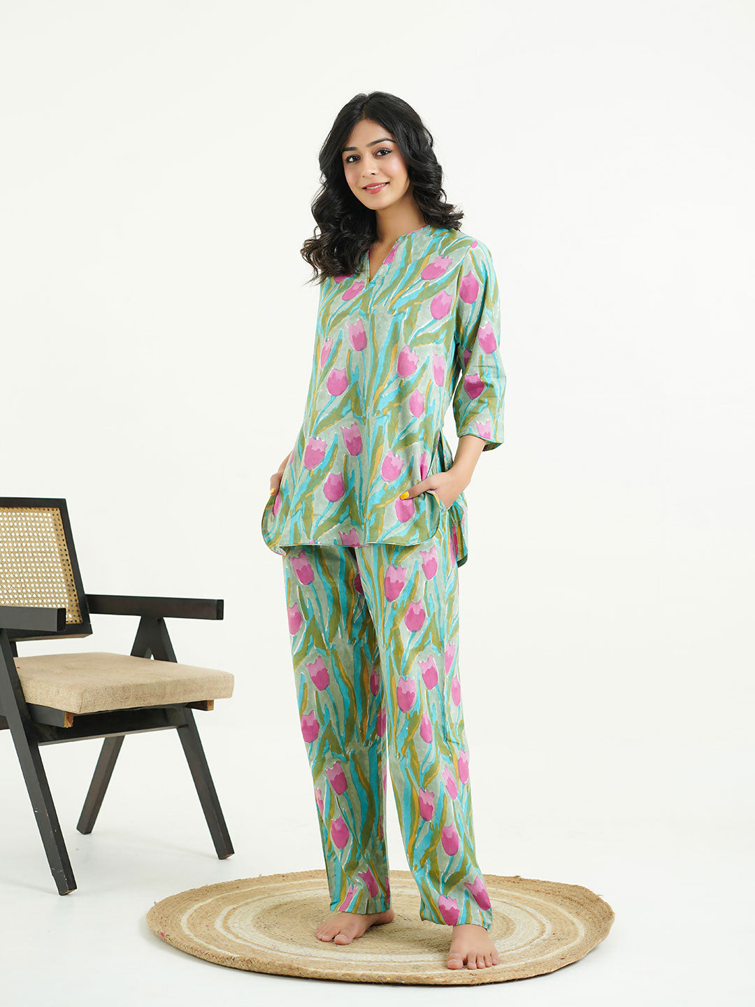 Cotton Printed Lounge Wear Coord Set Green-Flower