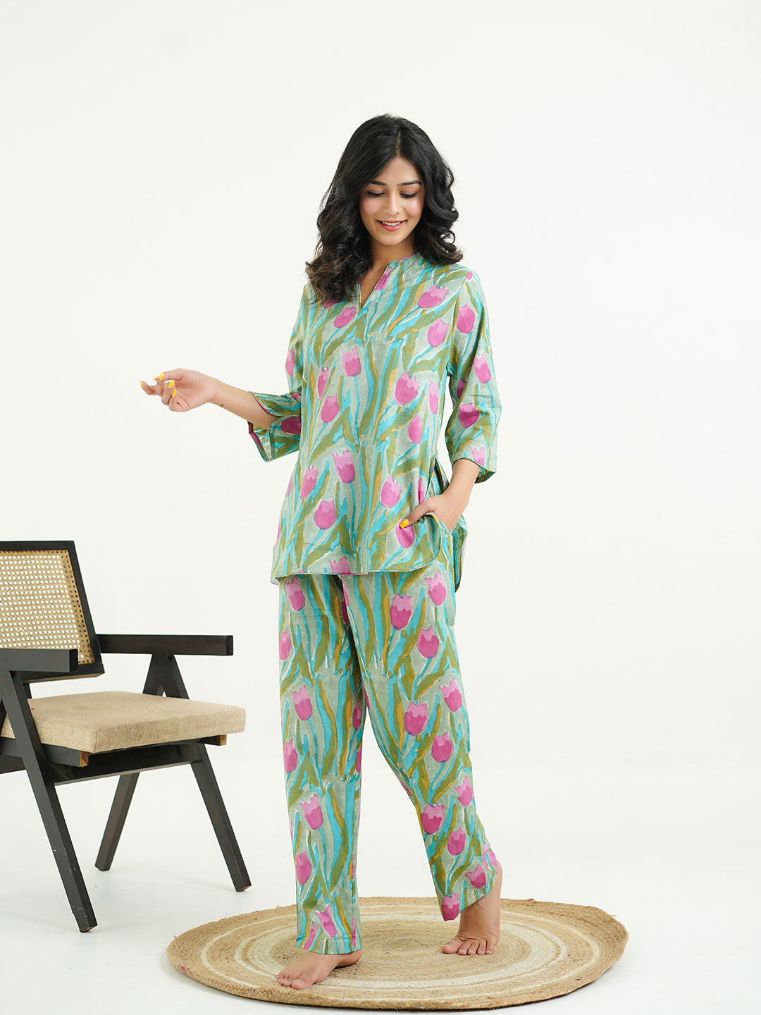 Cotton Printed Lounge Wear Coord Set Green-Flower
