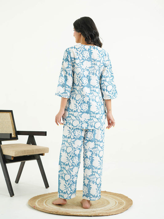 Cotton Printed Lounge Wear Coord Set Ice-Blue