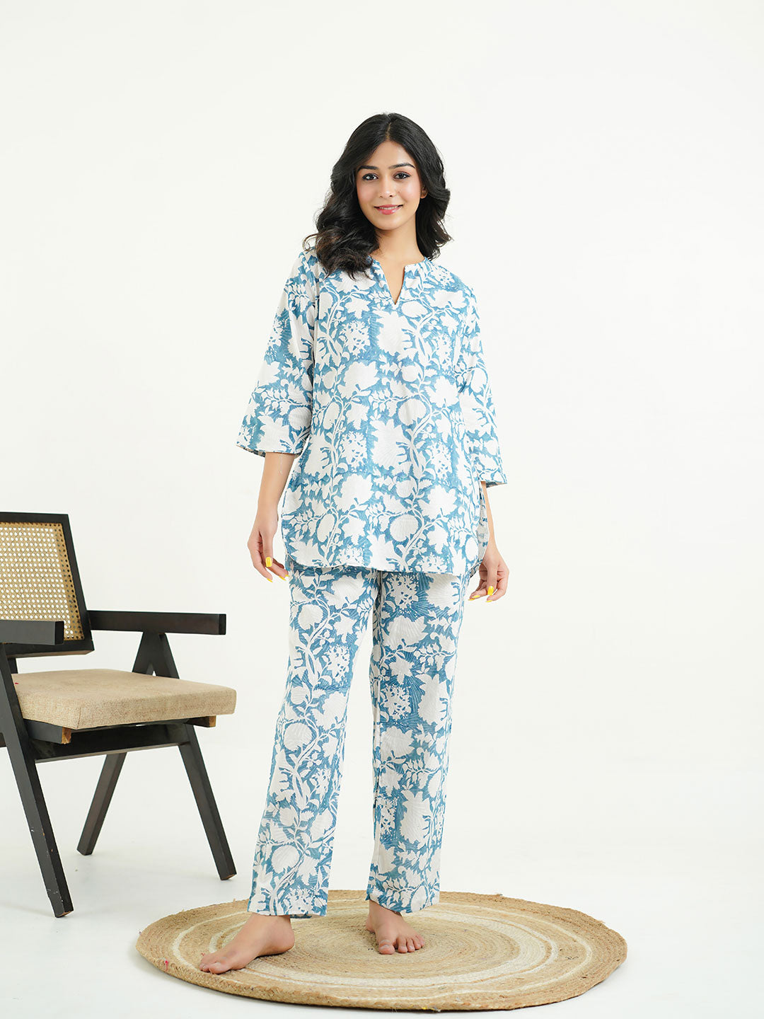 Cotton Printed Lounge Wear Coord Set Ice-Blue