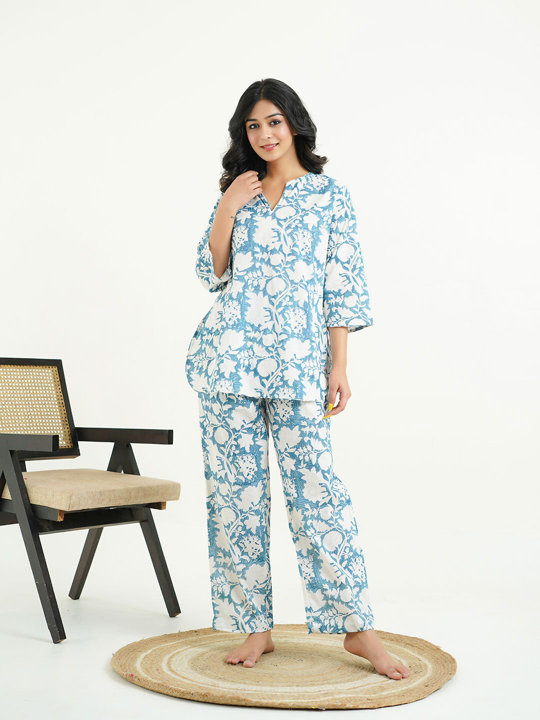 Cotton Printed Lounge Wear Coord Set Ice-Blue