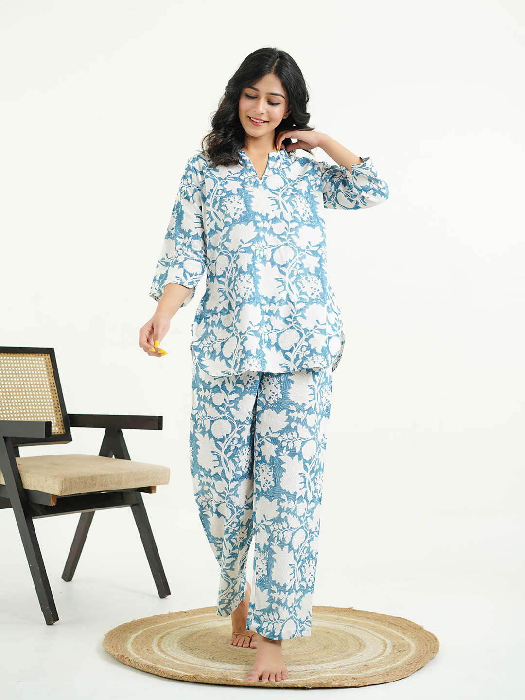 Cotton Printed Lounge Wear Coord Set Ice-Blue