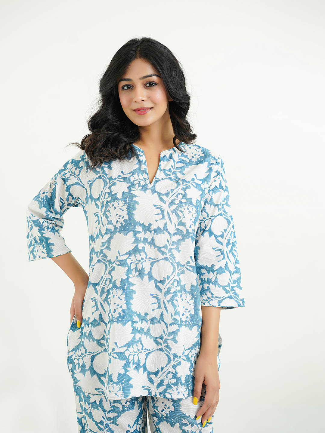 Cotton Printed Lounge Wear Coord Set Ice-Blue