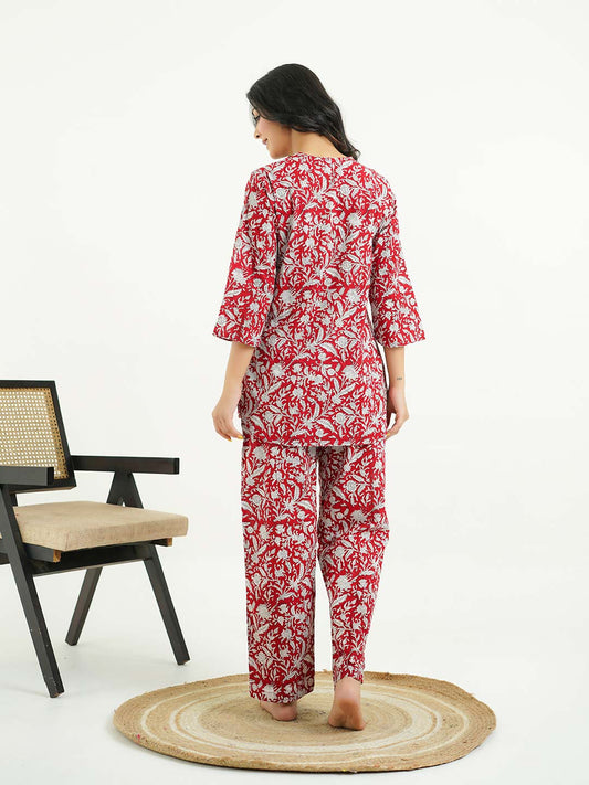 Cotton Printed Lounge Wear Coord Set Red