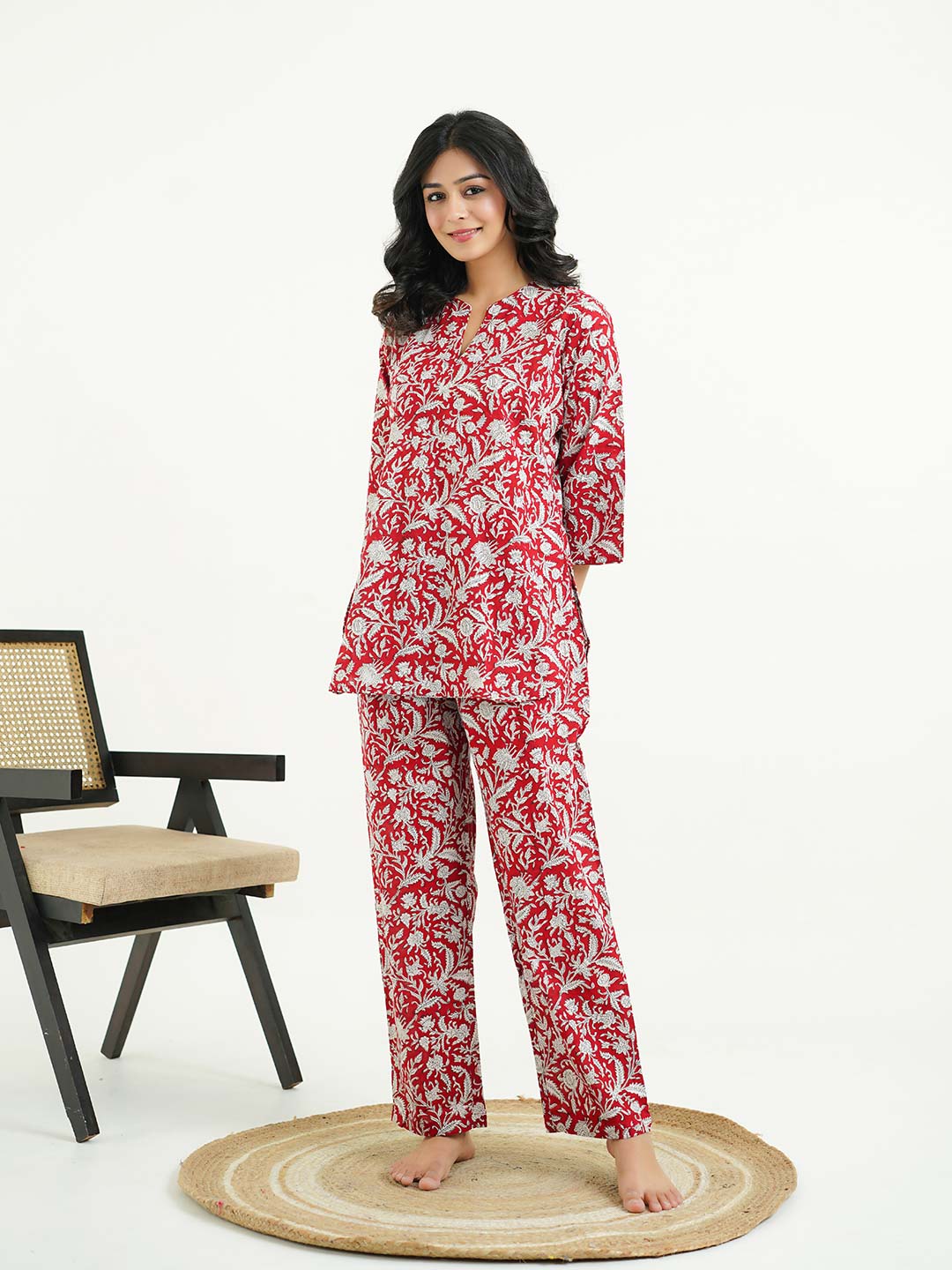 Cotton Printed Lounge Wear Coord Set Red