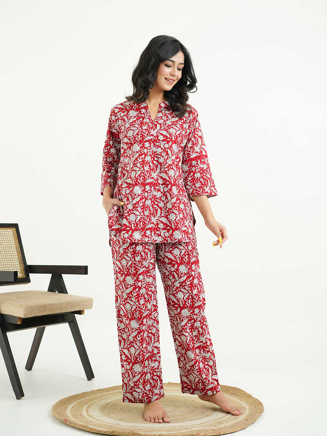 Cotton Printed Lounge Wear Coord Set Red