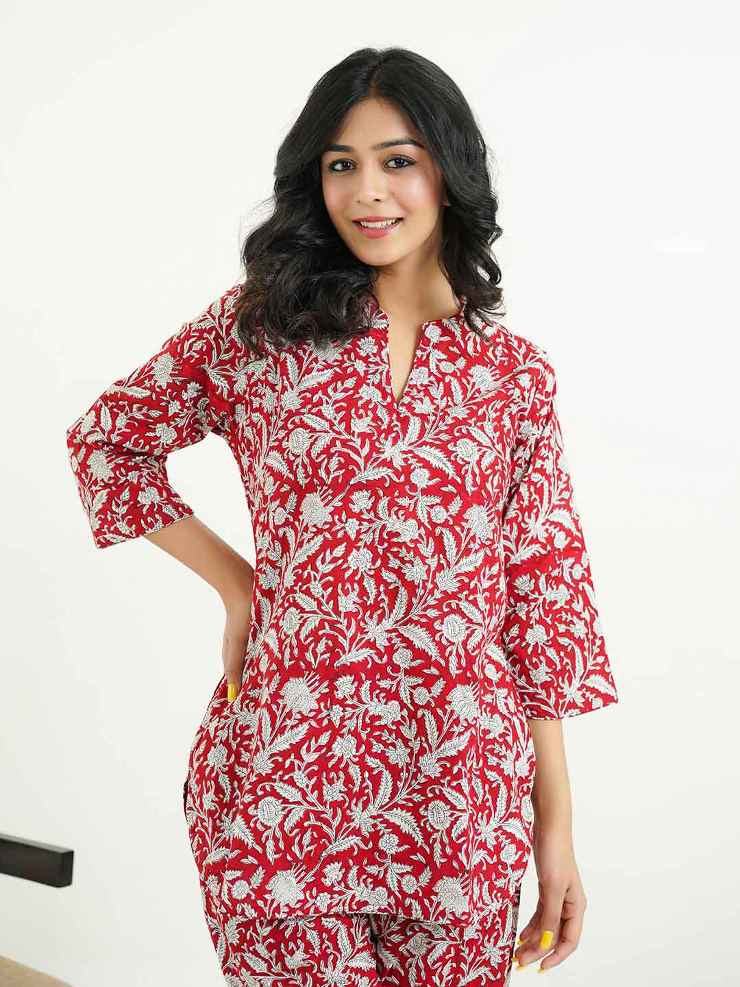 Cotton Printed Lounge Wear Coord Set Red