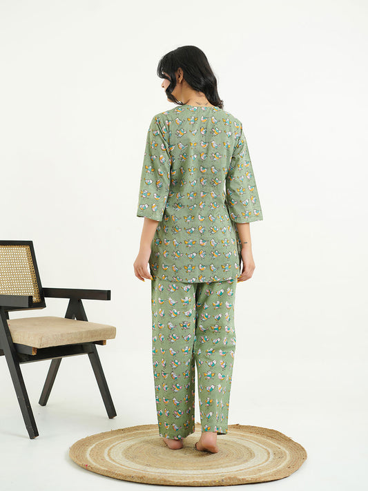 Cotton Printed Lounge Wear Coord Set Green