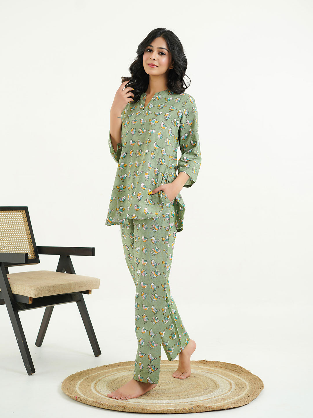 Cotton Printed Lounge Wear Coord Set Green