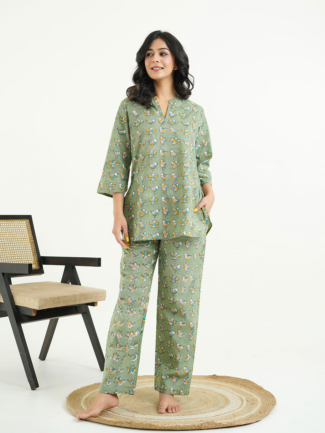 Cotton Printed Lounge Wear Coord Set Green