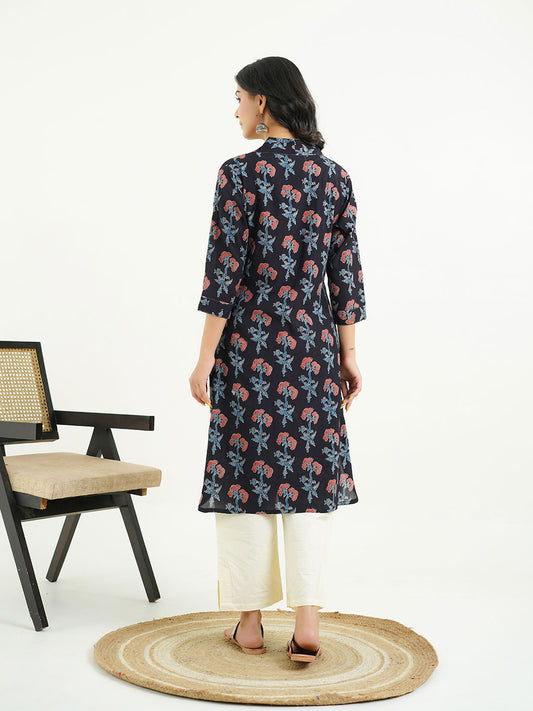 Cotton Printed Classic Straight Kurta Black