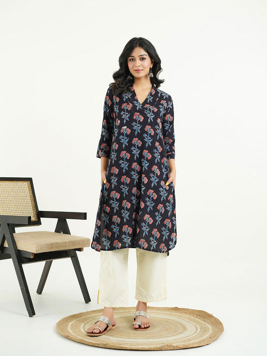 Cotton Printed Classic Straight Kurta Black