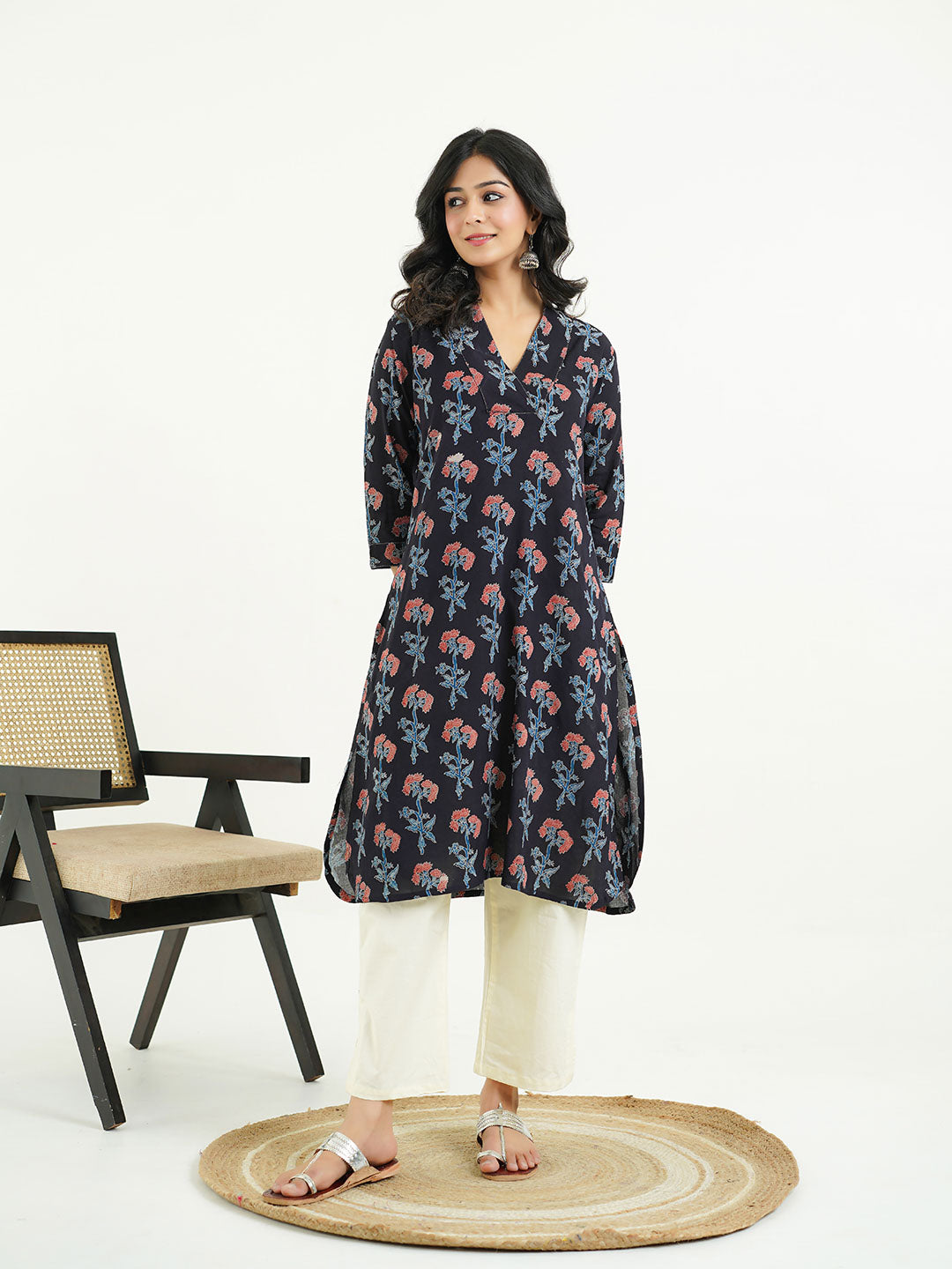 Cotton Printed Classic Straight Kurta Black