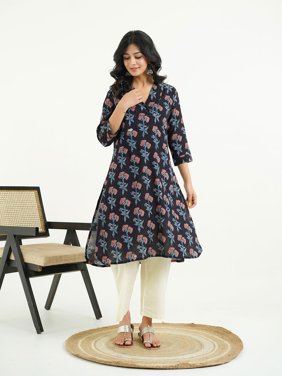 Cotton Printed Classic Straight Kurta Black