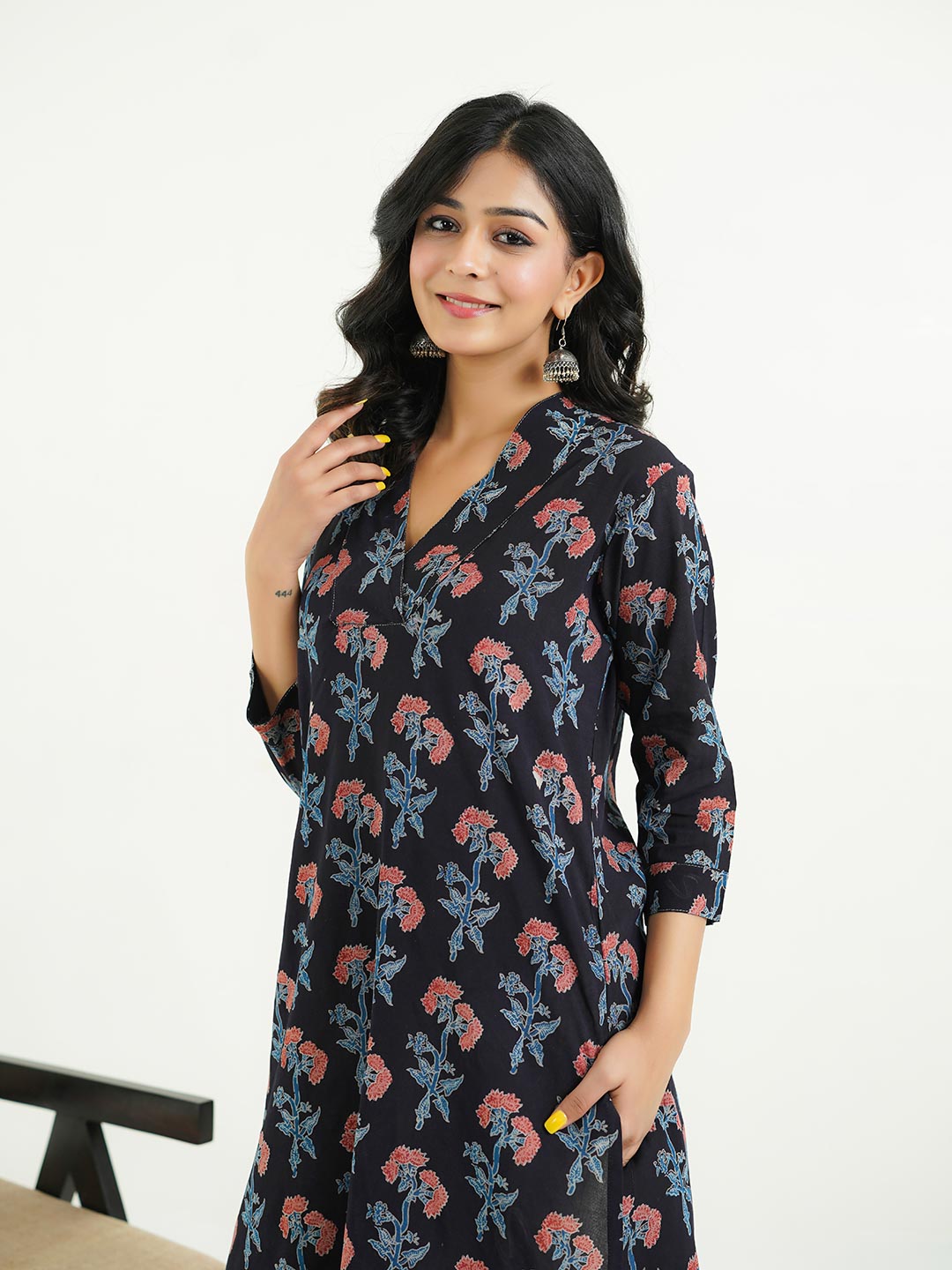 Cotton Printed Classic Straight Kurta Black