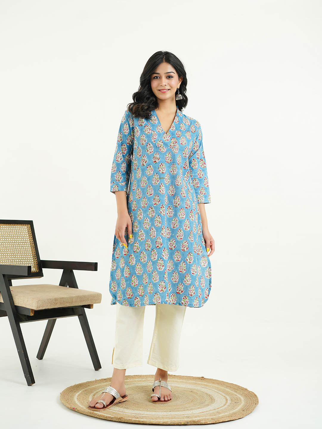 Cotton Printed Classic Straight Kurta Blue