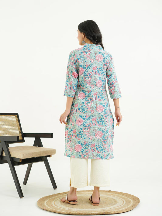 Cotton Printed Classic Straight Kurta Green